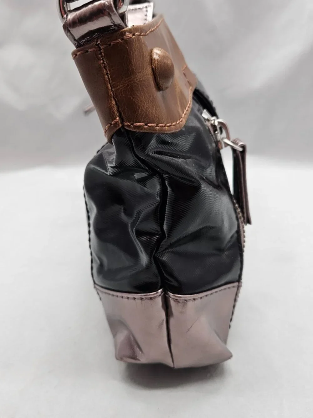 Kate Landry Vinyl Shoulder Bag Black Brown Small Hobo Purse Shiny Y2K 90s